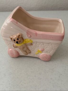 Vintage Ceramic Baby Carriage and Bear Planter Pot